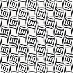Seamless black and white geometric pattern with square shapes and abstract design elements.