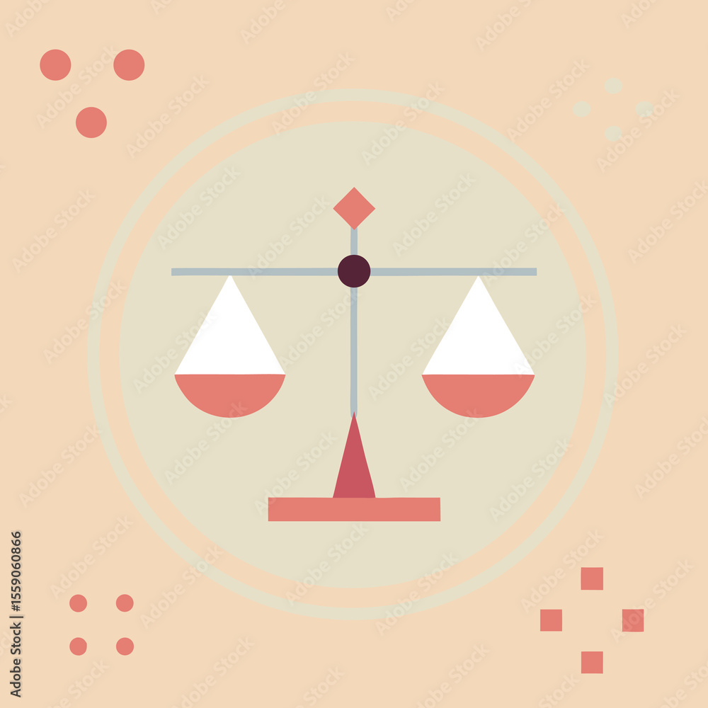 Poster simplified illustration of a balancing scale within a decorative circular frame