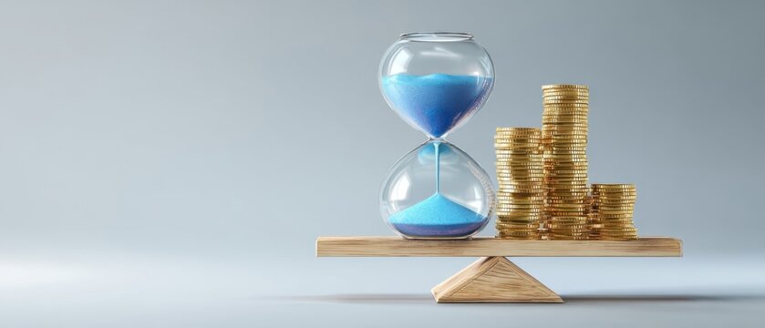 The hourglass symbolizing time management alongside stacks of gold coins.