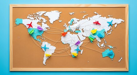 Photo of a colorful paper airplane travel map illustrates a global journey, showcasing various destinations and flight routes