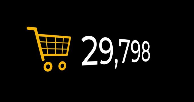 Video of a number counting up to 1 million with a yellow shopping cart icon on a black background with slight movement.