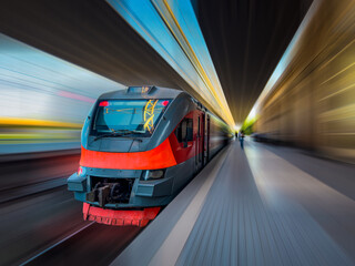 Modern train in motion and blur, Armenian Railways trains of Yerevan. Cyberpunk train. Blur motion...