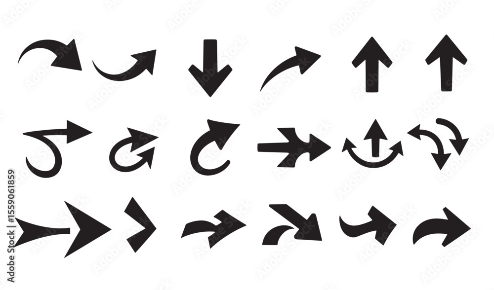 Poster collection of black arrow icons illustrating various directions for design and user interface elemen