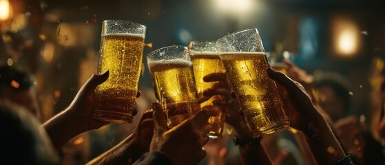 The celebratory moment of friends raising glasses of beer in a festive atmosphere.