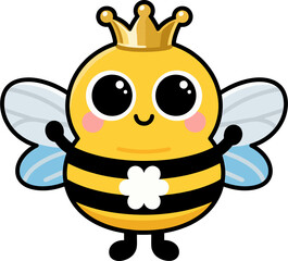 Adorable Cartoon Queen Bee with Crown and Flower – Kawaii Style Vector Illustration