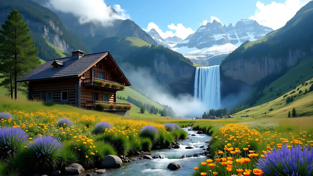 A Charming Alpine Cabin Nestled Amidst a Colorful Meadow