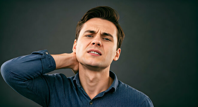 A young man experiences neck pain indicating discomfort or injury. This image is suitable for health articles brochures or pain relief advertisements conveying common physical ailments and seeking sol