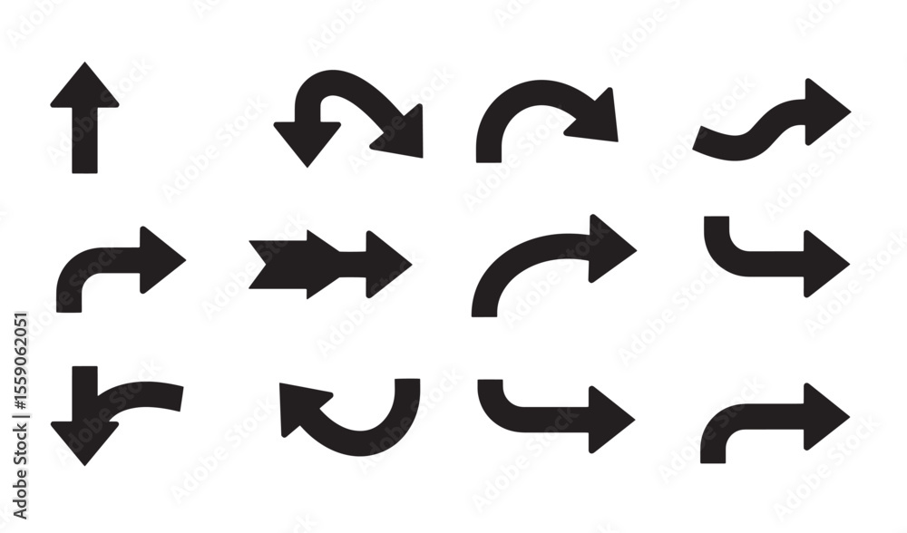 Poster collection of black arrows pointing in various directions graphic icon set design elements