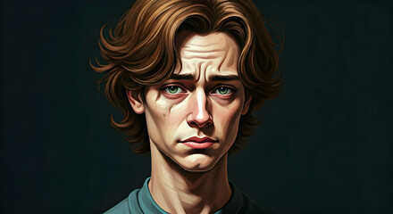 A poignant stylized portrait of a young man with intense green eyes and a furrowed brow perfect for emotional storytelling or digital art collections.