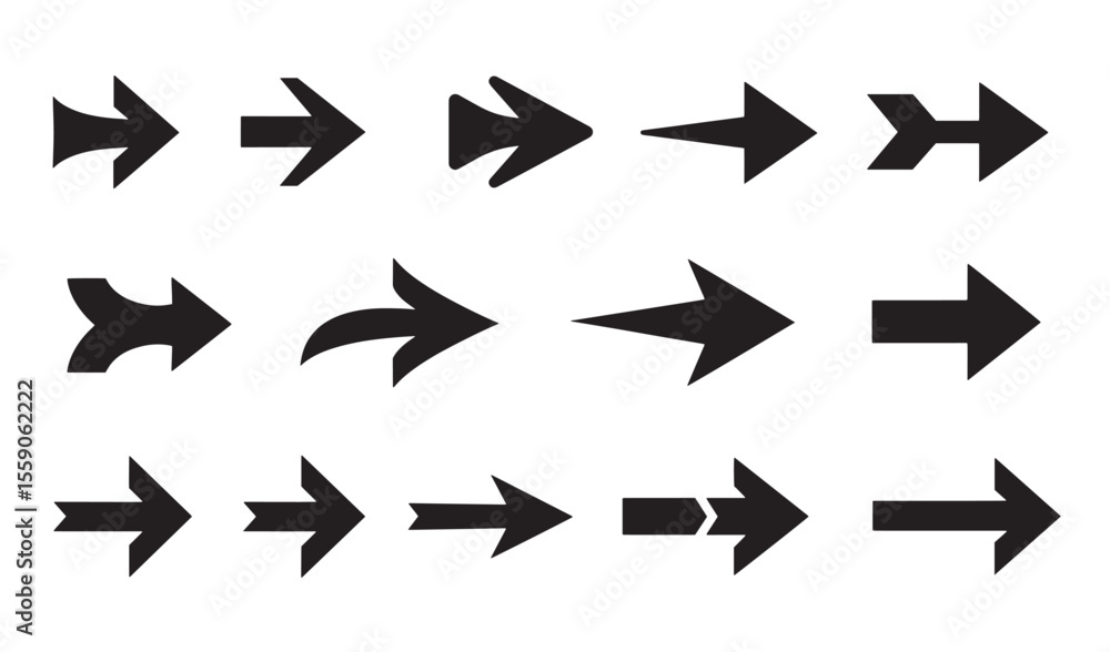 Poster collection of black arrows pointing to the right in various designs as a part of an icon set