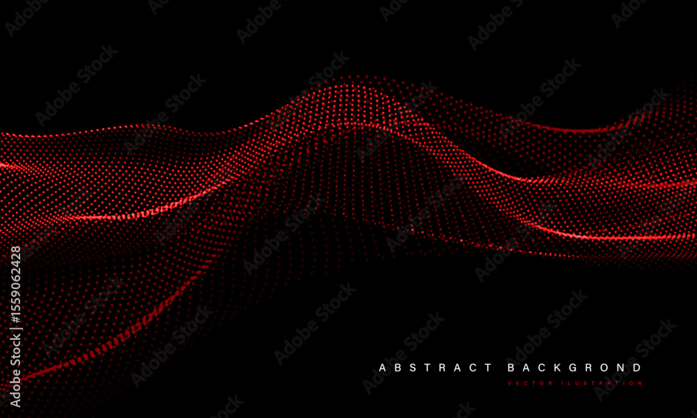 Poster Abstract red mesh particles wave curve overlap technology network digital on black background vector