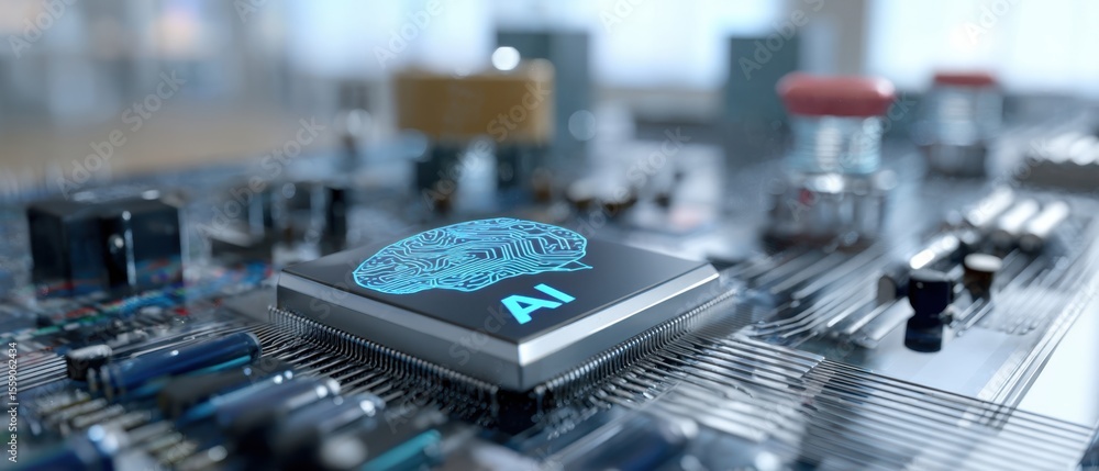 Poster the ai microprocessor chip surrounded by advanced electronic components and circuits