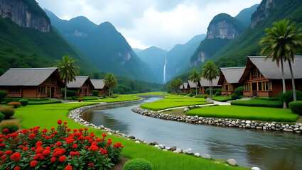 Fototapeta premium Serene Mountain Resort with Waterfall Views