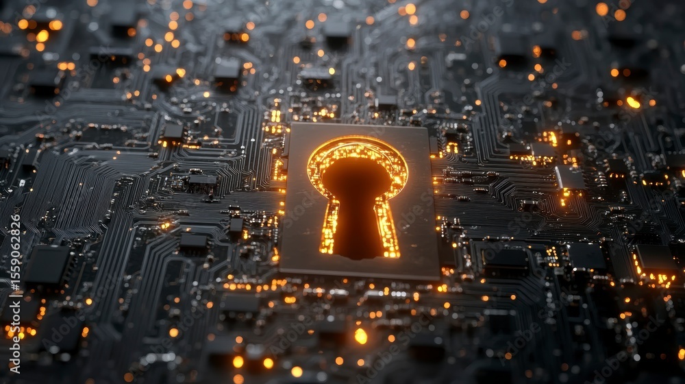 Poster glowing keyhole on circuit board; digital security concept.
