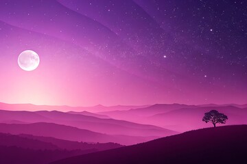 Fototapeta premium Serene Nightscape Full Moon over Purple Mountains and Lone Tree