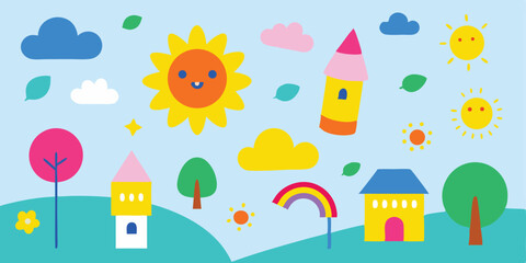 Photo of a cheerful cartoon landscape with happy suns, colorful houses, and playful clouds against a bright blue sky