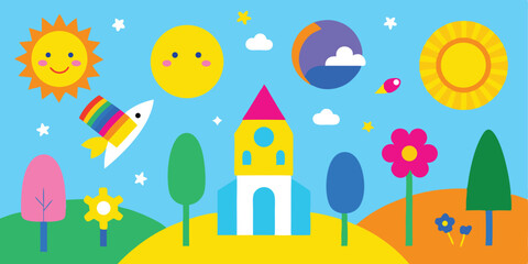 Photo of a whimsical cartoon scene featuring a rainbow rocket soaring past happy suns, colorful houses, and playful clouds