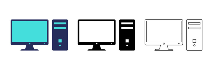 A set of computer icons in various styles, including blue, black, and grey, isolated on white background