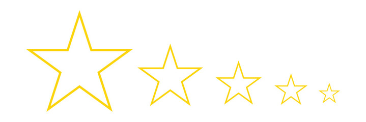 Five golden stars aligned in a row on a plain simple presentation on white background.