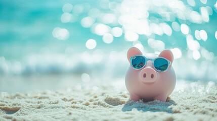 Piggy bank wearing sunglasses on sandy beach near ocean.