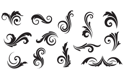 Decorative flourishes and swirls icon set in elegant black design