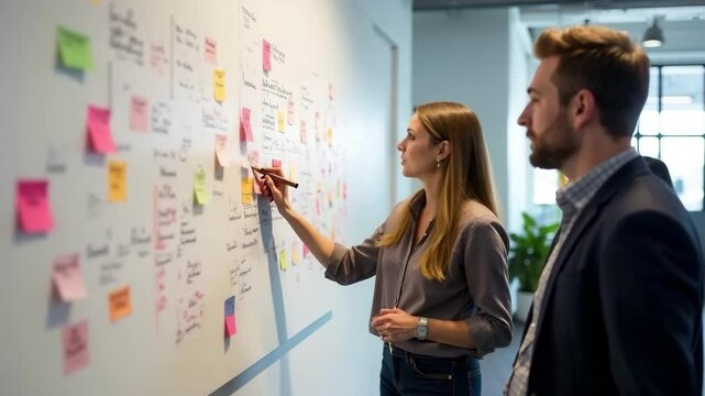 A young Caucasian woman with long brown hair writes on a wall covered with colorful sticky notes. A young Caucasian man observes her work attentively.