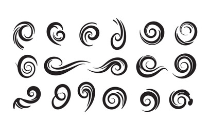 Decorative swirls and spirals icon set in black and white for design and ornamentation
