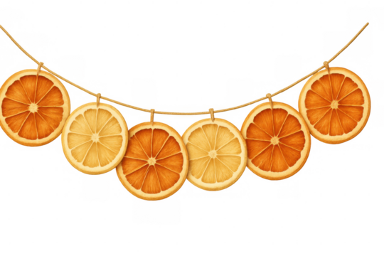 Dried orange slices strung together, forming rustic hanging decor against transparent backdrop