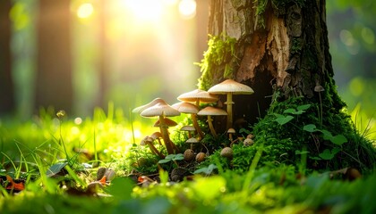 Hollow tree trunk nestled in soft grass, filled with mushrooms, ivy trails, and tiny acorns in misty woodland light