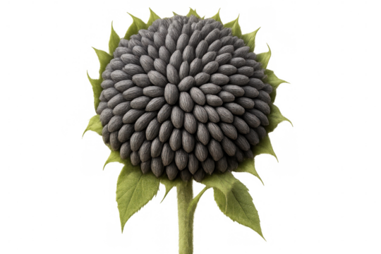 Sunflower head displaying intricate seed pattern revealing fibonacci spiral, centered against transparent backdrop