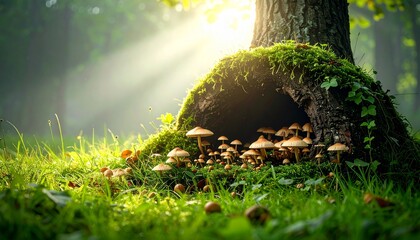 Hollow tree trunk nestled in soft grass, filled with mushrooms, ivy trails, and tiny acorns in misty woodland light
