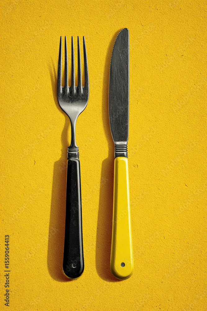 Poster close up shot of a fork with a black handle and a knife with a yellow handle on yellow background