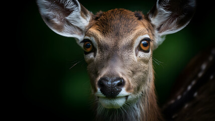 A striking close up portrait of a deer, showcasing its expressive eyes and delicate features against a dark, blurred background