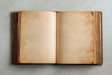 Vintage blank book mockup featuring worn pages on a minimal backdrop for creative projects, ideal for publishing, journaling, and educational themes showcasing unique designs