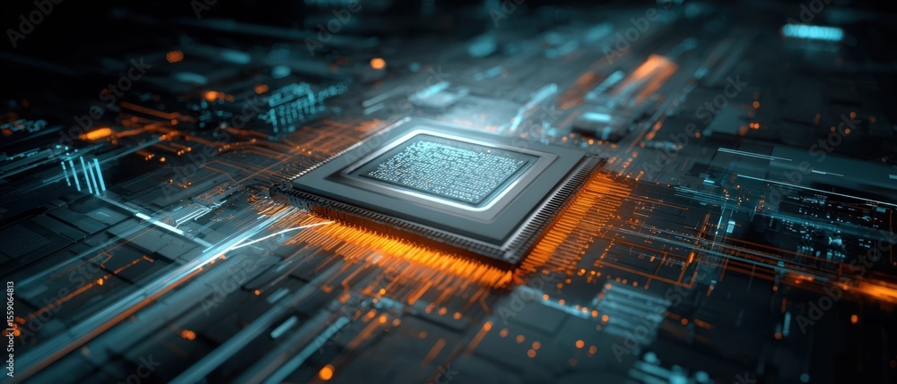 Poster the microchip showcasing innovative technology with glowing circuits and digital abstraction.