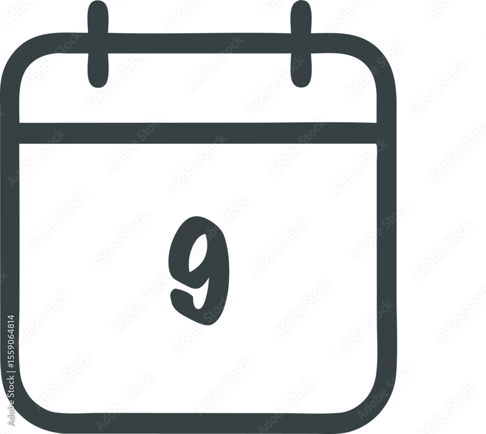 Poster a simple dark gray calendar vector graphic displaying the number 9 for a special date or event remin