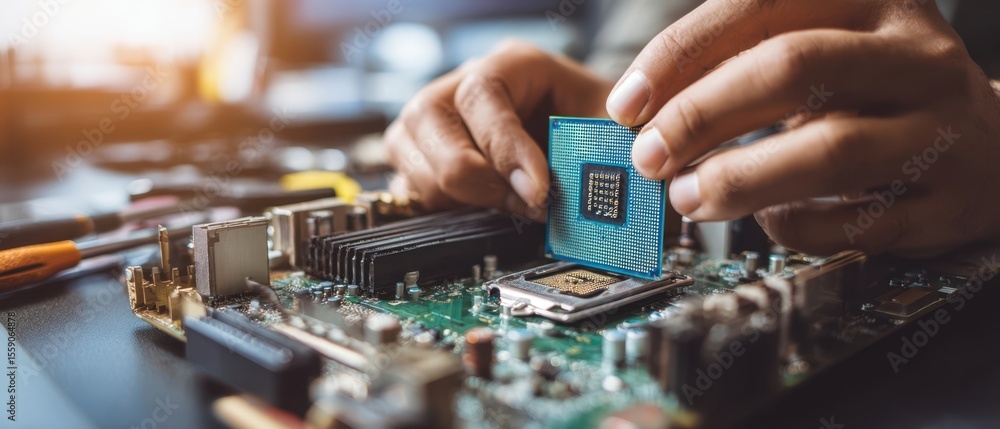 Aufkleber the technician installing a cpu onto a modern computer motherboard.