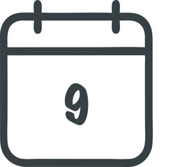 A simple dark gray calendar vector graphic displaying the number 9 for a special date or event reminder icon