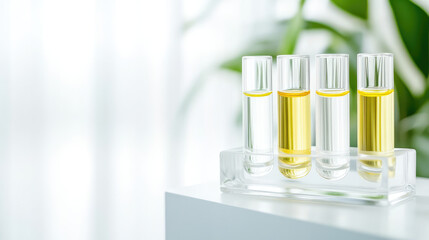 Test tubes filled with clear and yellow liquids are placed in a transparent holder on a white surface. Scientific research and experimentation concept