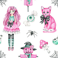 Cute pink Halloween seamless pattern with witch girl, spooky cat, eyeballs, candy, scarecrow, mushrooms and spider.Hand drawn watercolor childish print.Fun and whimsical spooky vibes.Fabric design