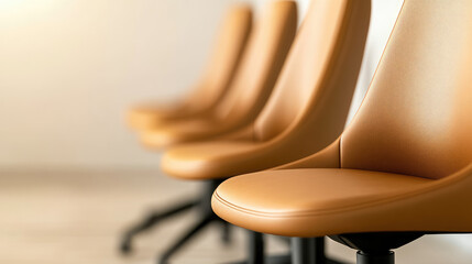 Four brown office chairs line up in a row, slightly blurred in the background. Concept: modern office seating, professional work environment