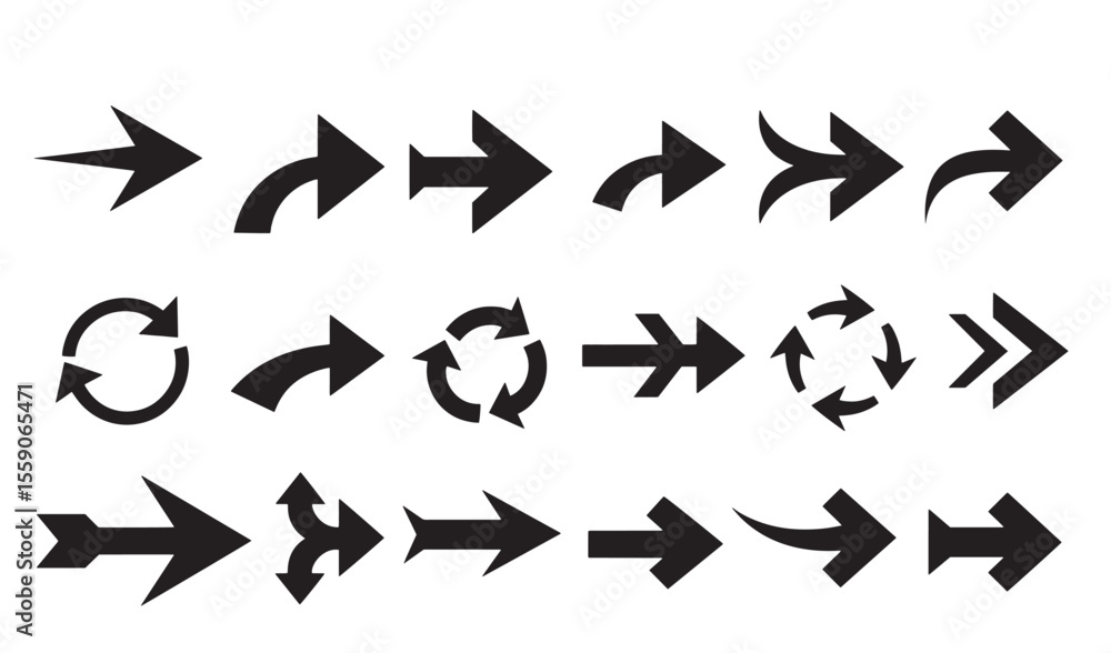 Poster vector arrow icon set variations in bold black design for user interface and navigation elements