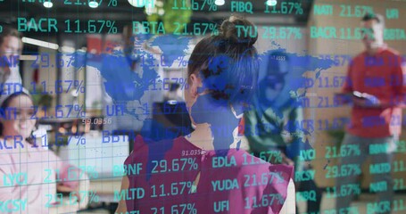 Mid adult woman pressing remote and updating digital map overlay percentages in business meeting - Powered by Adobe