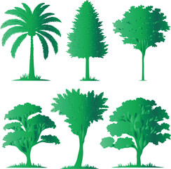 Six green trees with gradient shading palm tree pine tree