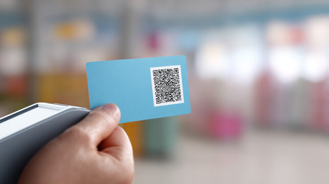 A hand holds a blue card with a QR code, near a card reader. Contactless technology concept