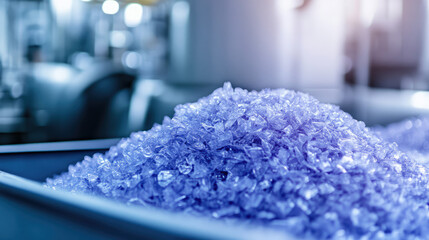 A pile of blue crushed glass is placed in a tray within an industrial setting. Recycling, industry, manufacturing, sustainability, environment