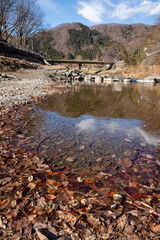 群馬県の冬、澄んだ水面に青空と山並みが映る川辺の水たまりと落ち葉の風景。透明感のある清流と静かな自然環境が広がる、癒しと安らぎを感じる日本の冬景色。観光や旅行、自然素材、風景写真として利用可能。

