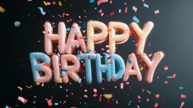 Happy Birthday inscription made of fluffy volumetric letters with confetti on the background. The festive atmosphere, bright colors and dark background create an effective contrast, ideal for congratu