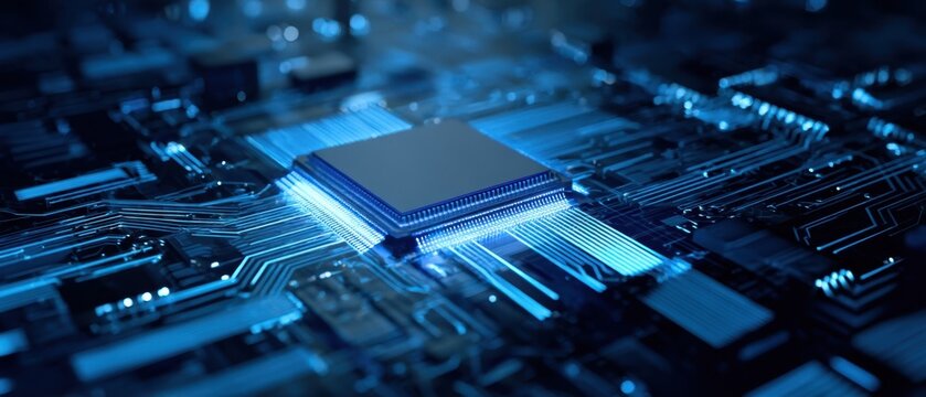 The microprocessor on a futuristic circuit board glowing in blue light.