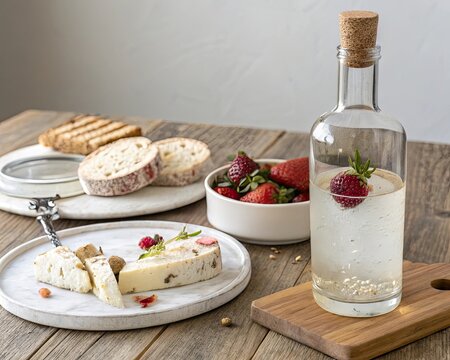 Fresh strawberries and cheese platter with infused drink bread bottle